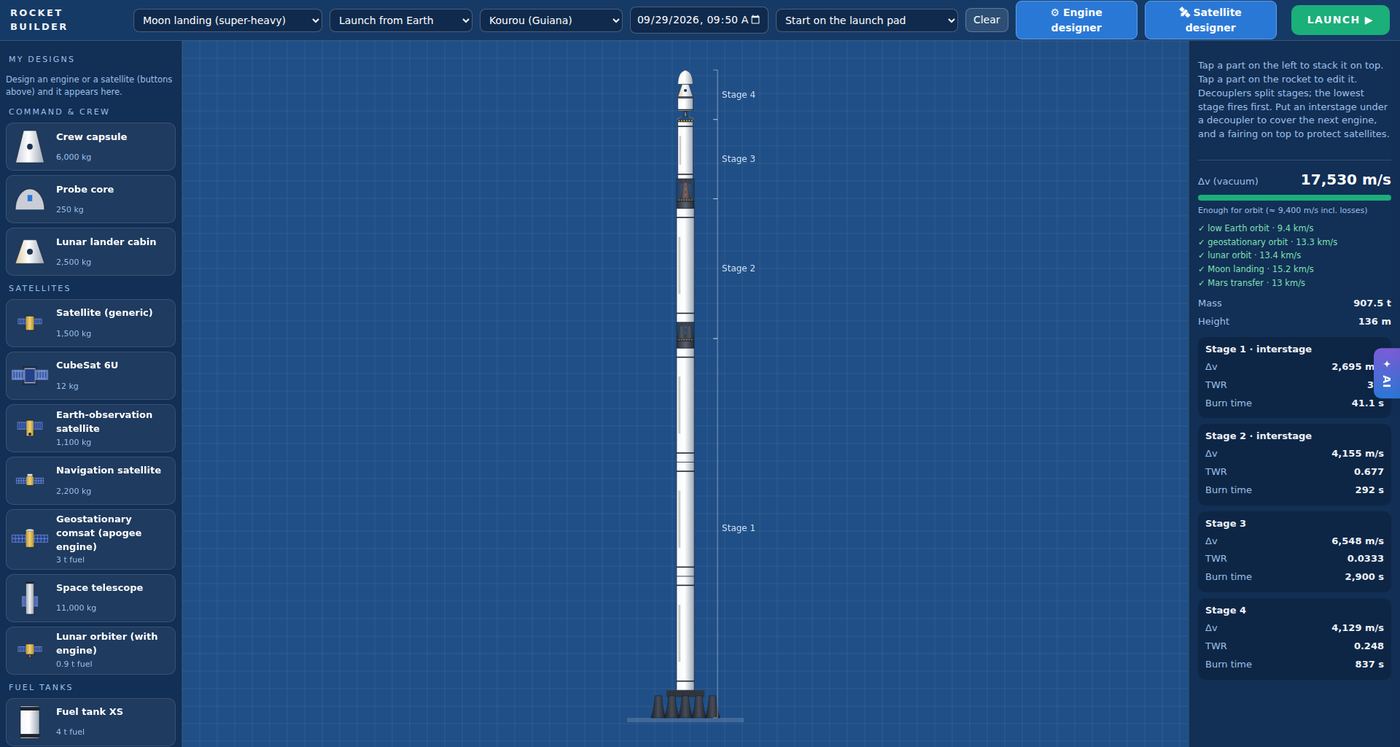 Rocket builder with a super-heavy Moon rocket and its stage breakdown