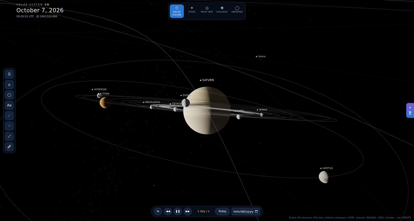 Saturn and its rings in the 3D Solar System, lit by the Sun